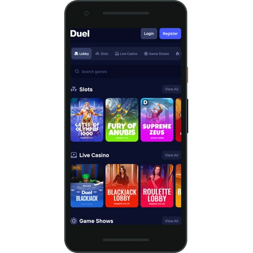 DuelCasino lobby her v mobilní aplikaci